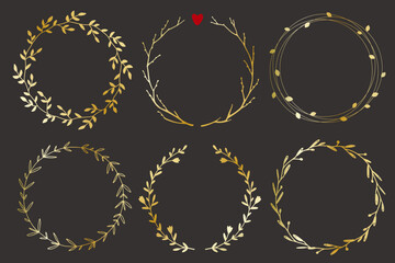 Set of hand drawn golden wreaths and laurels