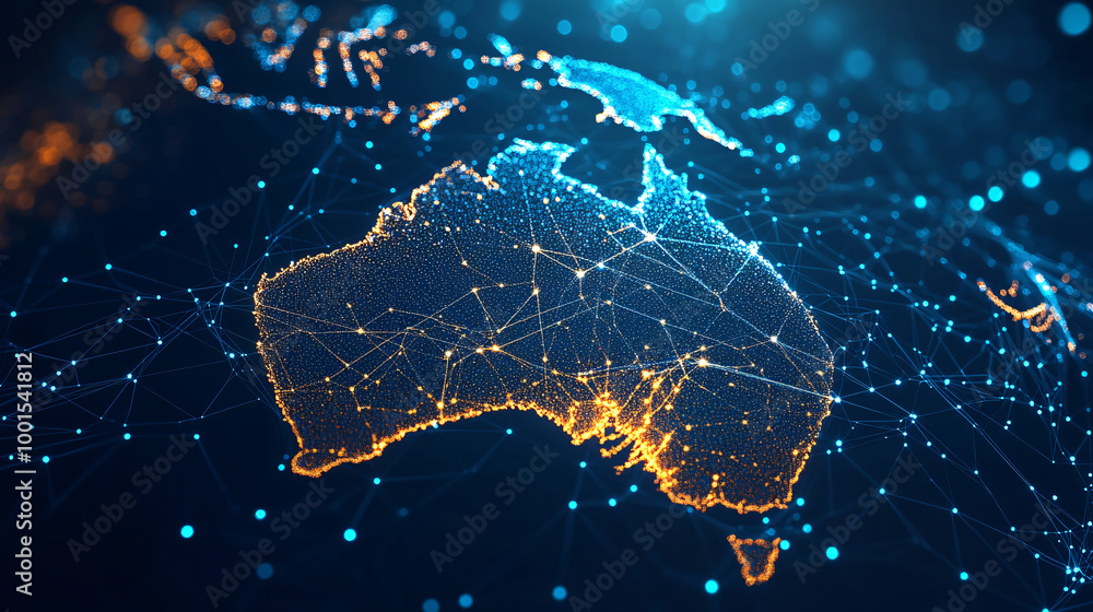Aufkleber Modern technology connecting australia: glowing lines and dots form a network map of the country