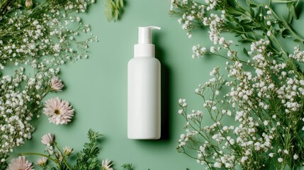 A modern white skincare bottle sits on a green background, surrounded by flowers, providing a fresh
