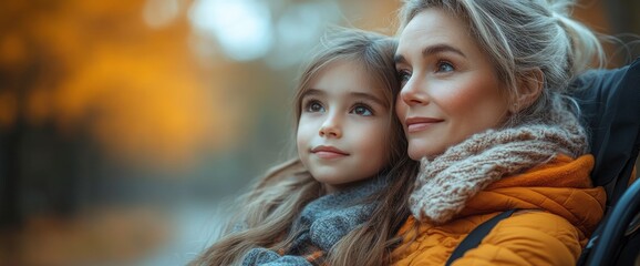 Obraz premium Mother and Daughter Looking into the Distance in Autumn