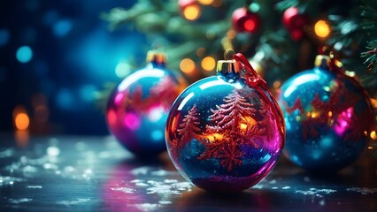Colorful Christmas Ornaments With Festive Decorations on a Table Near a Beautifully Lit Tree