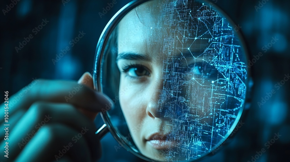 Poster Know your customer KYC concept Person use magnifying glass focus to identity verification system for Increase financial security and access personal financial data Biometrics security : Generative AI