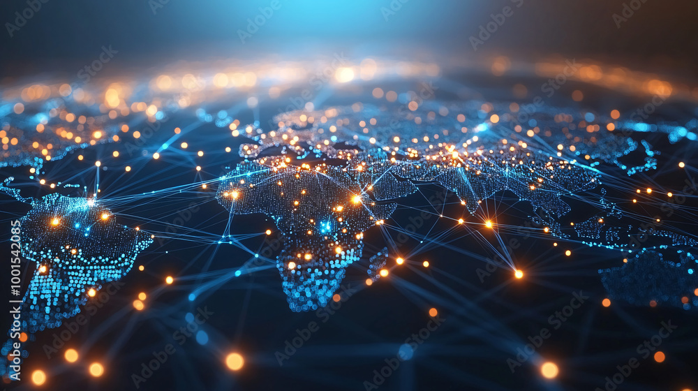 Poster world map with illuminated points and connecting lines showcasing global network, communication, and