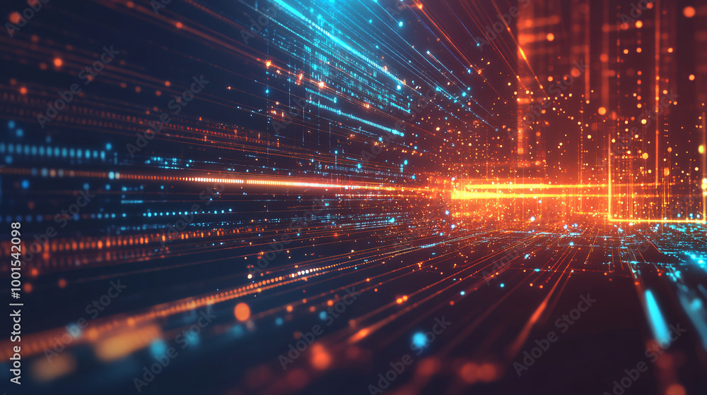 Fototapete Perspective view of glowing lines and particles in an abstract technology background