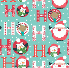 Seamless Christmas pattern with snowflakes,  Santa, penguin, reindeer on blue background. 