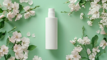 A modern white skincare bottle sits on a green background, surrounded by flowers, providing a fresh