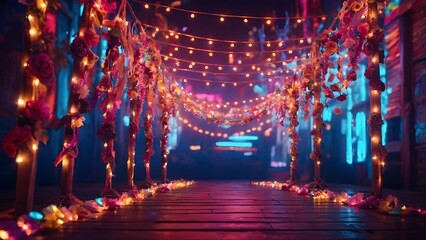 Fototapeta premium Enchanting Illuminated Pathway Adorned With Flowers and Lights in a Vibrant Urban Setting at Night