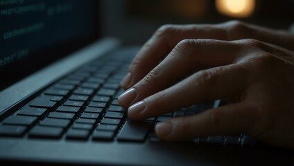 Close-up of a man's hand typing on a laptop in a dim light.