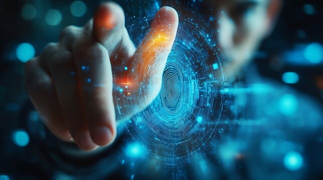The man gains access to the personal information of the holograms with fingerprint identification Modern technologies cloud data storage : Generative AI