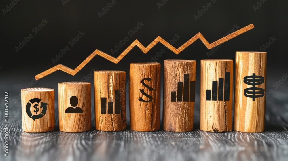 Poster wooden blocks with financial icons upward graph representing business success, growth, analytics. da
