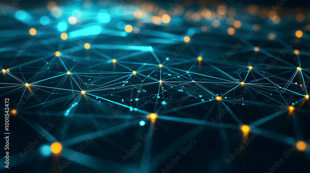 Poster Glowing network transferring data in the darkness between points