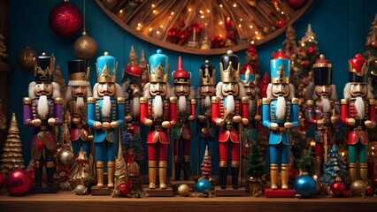 Fototapeta premium Colorful Nutcracker Figurines Stand Proudly in a Holiday Display Surrounded by Festive Decorations and Lights