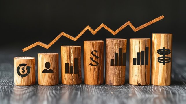 Wooden blocks with financial icons upward graph representing business success, growth, analytics. Dark background importance data-driven decisions in financial development and corporate progress.