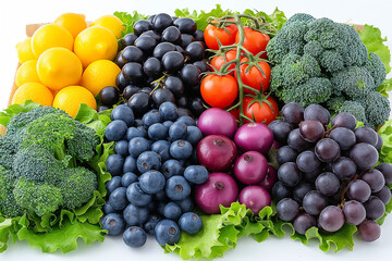 Fresh grapes, broccoli, lemons, tomatoes, onions, lettuce, and blueberries among vegetables produce