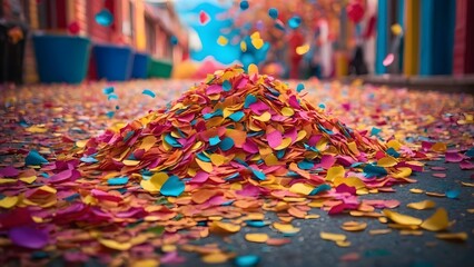 Fototapeta premium Colorful Confetti Scattered Across a Vibrant Street in Autumn During a Festive Celebration