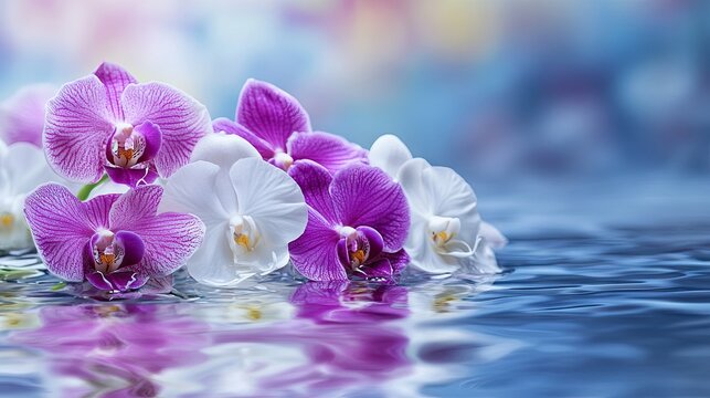 A peaceful arrangement of purple and white orchids on still water, ideal for spa product or aromatherapy promotions with copy space for text