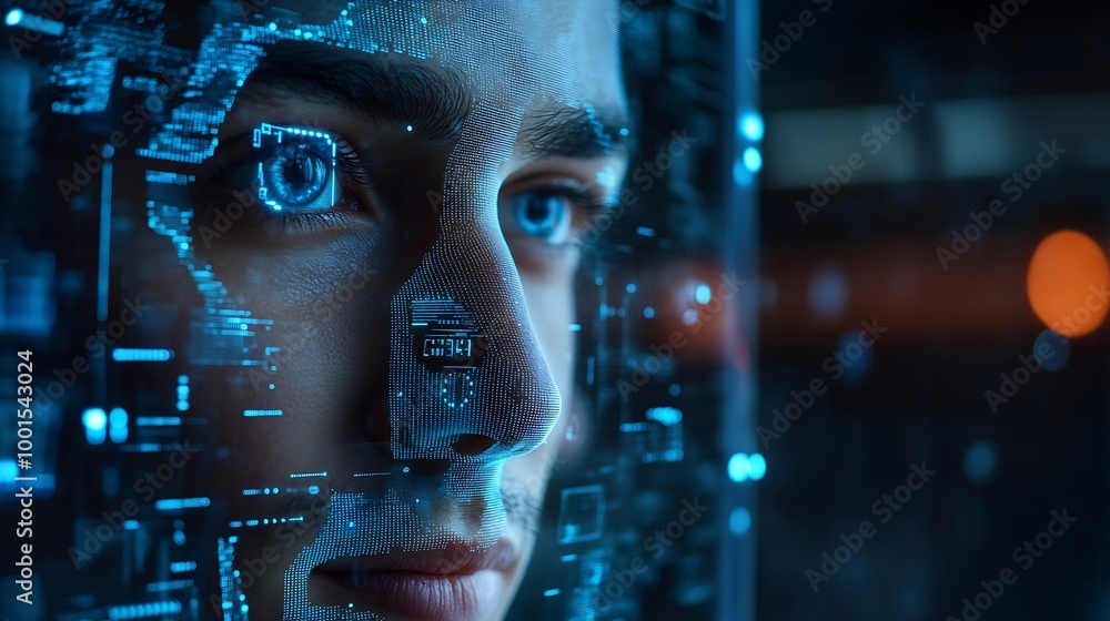 Poster Facial recognition biometric security system cyber security network technology data protection concept Businessman using digital tablet with face scanning unlocked to access personal d : Generative AI