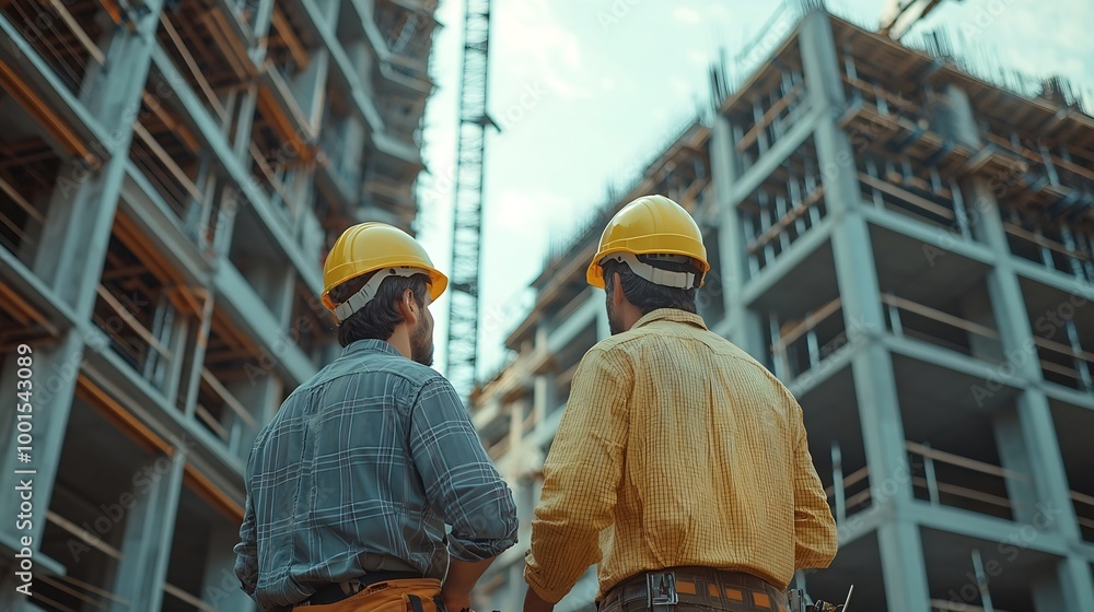 Aufkleber construction engineer and foreman having a discussion together at the construction site construction
