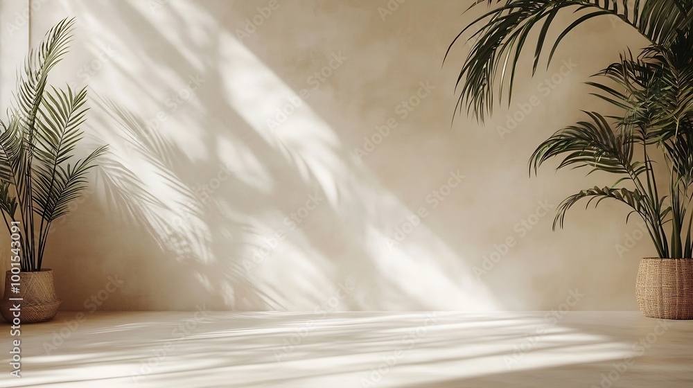 Poster Minimal product placement background with palm shadow on plaster wall Luxury summer architecture interior aesthetic Creative boho concept home product platform stage mockup : Generative AI