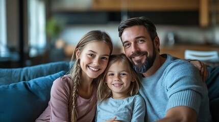 Obraz premium Happy couple of young parents and little daughter kid sitting and relaxing on sofa resting on comfortable couch in modern cozy home interior talking laughing smiling Full length wide s : Generative AI