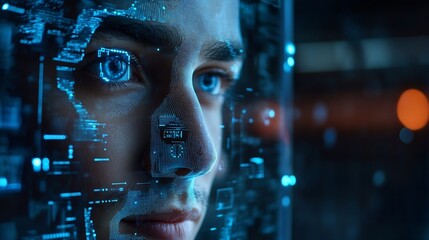 Facial recognition biometric security system cyber security network technology data protection concept Businessman using digital tablet with face scanning unlocked to access personal d : Generative AI