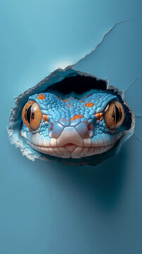 Closeup of vibrant blue gecko lizard with scales and eyes peeking through a hole in the tropical wall