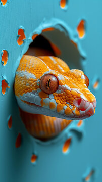 Closeup of an orange and yellow python snake with spots and scales, eyes and head visible