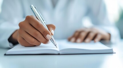 Chemist using a lab notebook to document results, scientific record-keeping, research methodology