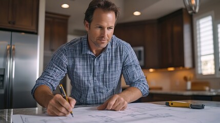 Construction expert attentively marks blueprints on a kitchen counter planning a meticulous renovation His skills in interior redesign and woodworking shines as he plans the mouldings  : Generative AI