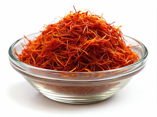 Fototapeta premium A bowl of red spice is on a white background. The spice is in a glass bowl and is piled up
