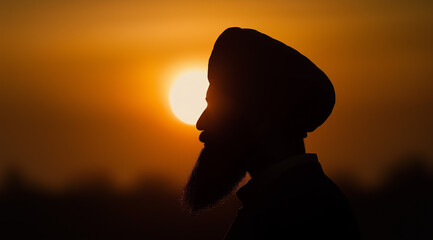 Silhouette of sikh man with beard against sunset sky