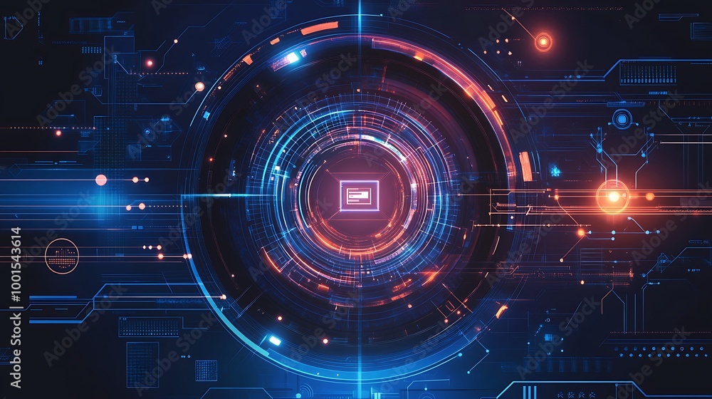 Poster abstract digital technology background with glowing neon lights and circuits.