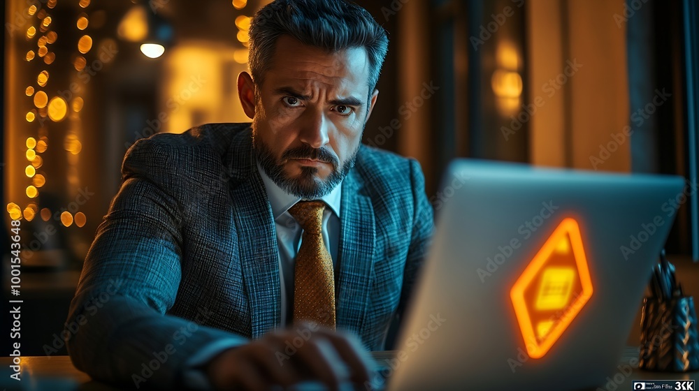 Poster businessman working on laptop computer at office with exclamation alarm caution warning notification