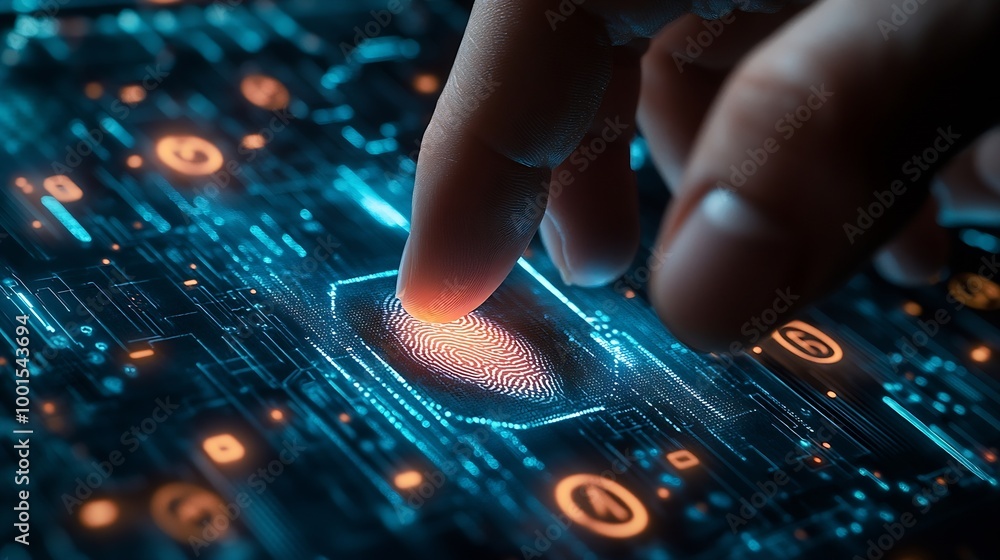 Poster Businessman using fingerprint indentification to access personal financial data Idea for Ekyc electronic know your customer biometrics security innovation technology against digital cy : Generative AI