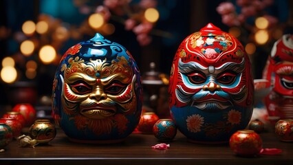 Colorful Traditional Masks Displayed on a Wooden Table With Soft Lighting During a Festive Celebration