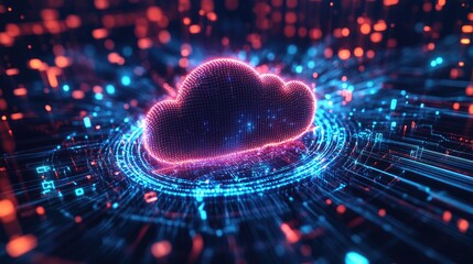 Advanced digital network design with a bold cloud logo, emphasizing cutting-edge technology and data integration