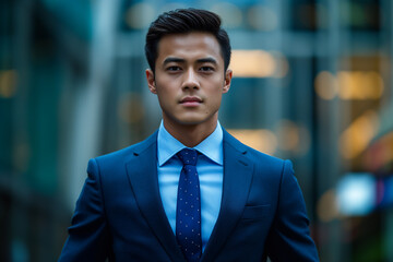 Fototapeta premium Confident young businessman in a blue suit standing in an urban setting looking professional and serious