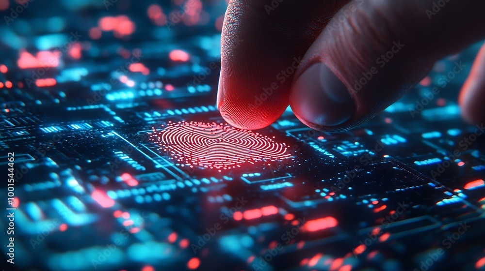 Aufkleber Cyber security system and data protection concept Man using fingerprint scanning access data with data center as background biometric identity data encryption for network security of c : Generative AI