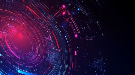 Obraz premium Abstract futuristic technology background with glowing neon circles and lines.