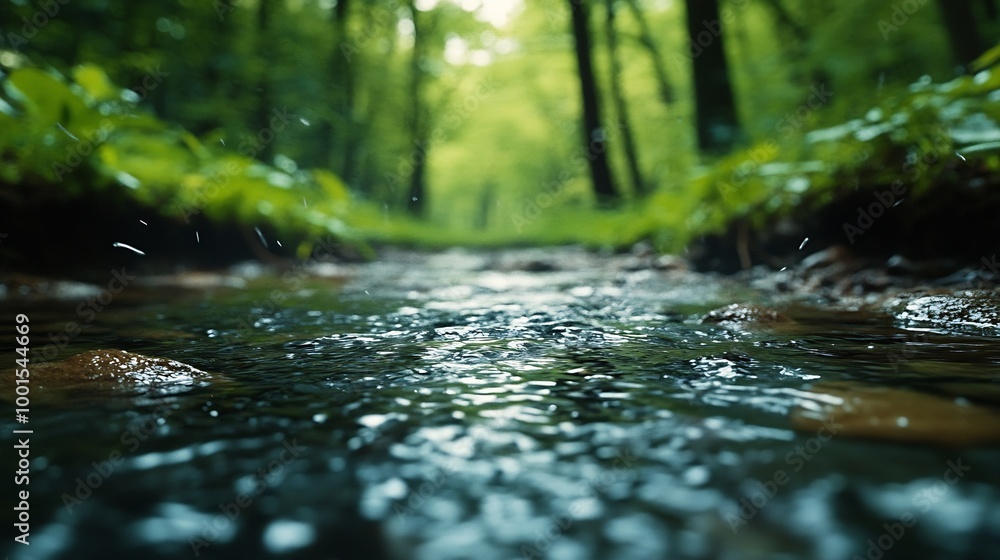 Poster Spring background Stream of water in the forest : Generative AI