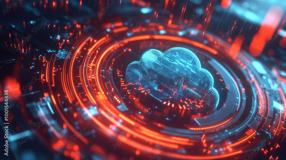 Poster advanced tech graphic with a central cloud logo, illustrating seamless data integration and technolo