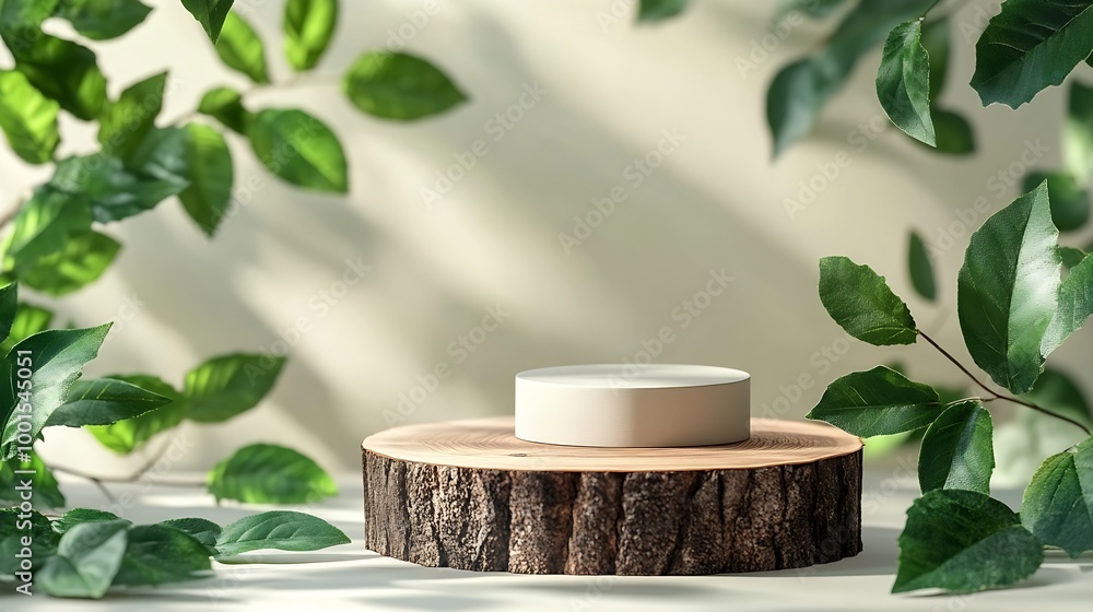 Poster minimal modern product display on neutral beige background wood slice podium and green leaves concep