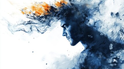 A striking artistic representation of a man with fiery hair, blending strong colors and textures in a captivating abstract style.
