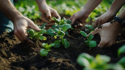 A diverse group of sustainable people holding plants in an eco friendly environment for nature conservation Closeup of hands planting in fertile soil for sustainability and organic far : Generative AI