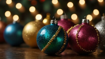 Close-up of colorful Christmas ornaments with sparkling lights and decorations.