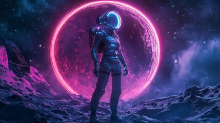 Obraz premium Futuristic astronaut standing on alien planet with glowing neon moon, exploring outer space in a stunning, vibrant cosmic scene.