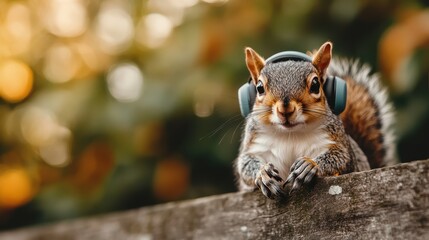 A calm squirrel lays against a wooden surface, adorned with black headphones, merging natural serenity with an audible modern experience in outdoor ambiance.