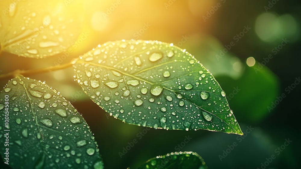 Poster large beautiful drops of transparent rain water on a green leaf macro drops of dew in the morning gl
