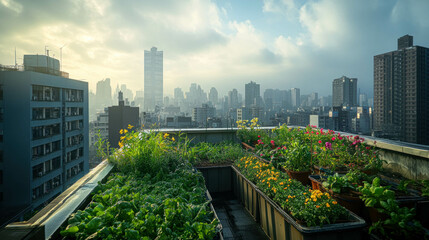 Fototapeta premium Lush Rooftop Garden with Vegetables Overlooking a Skyscraper Cityscape at Dawn, Rooftop Garden Concept