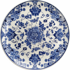Ornate Blue Floral Ceramic Plate with Decorative Vintage Design Featuring Flowers
